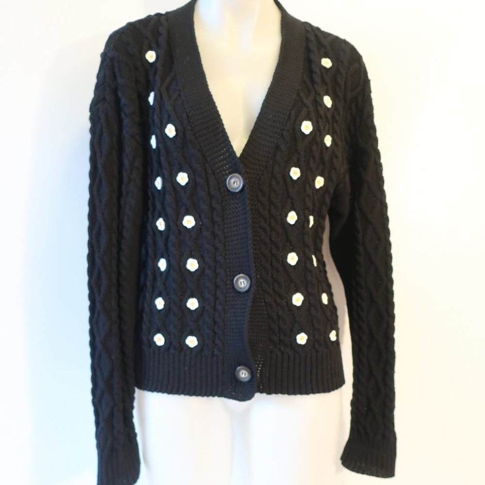 Womens Gigi Black V-Neck Cotton Floral Motif Cotton Cardigan Sweater L *